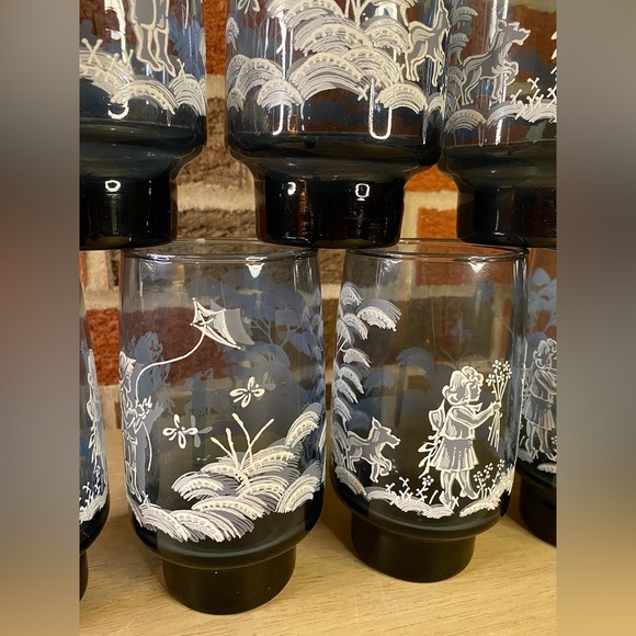 VTG Lot 7 Mary Gregory 6 Smoke Blue Painted Fishing Boy‎ & Girl Drinking Glasses - Picture 3 of 10